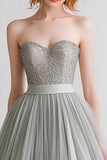 Sparkly Light Grey Tulle A Line Long Formal Dress with Beading