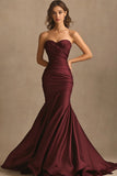 Burgundy Satin Mermaid Sweetheart Ruched Long Formal Dress