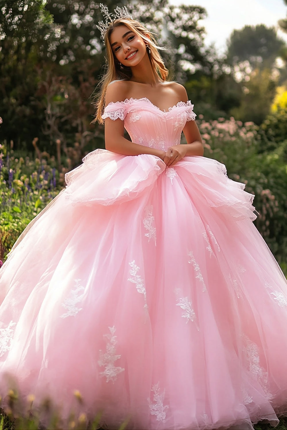 ZAPAKA Women Ball Gown Quinceanera Dress Princess Pink Off the Shoulder Ruffled Tulle Sweet 16 Dress – ZAPAKA AU