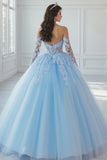Off The Shoulder Appliqued Ball Gown Sky Blue Lace Quinceanera Dress