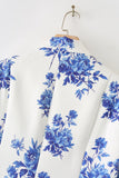 Blue Floral Notched Lapel One Button Women's Blazer