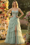 Lavender A Line Strapless Sequins Corset Tiered Formal Dress with Slit