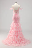 Sparkly Pink Corset Mermaid Cold Shoulder Long Formal Dress