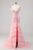 Sparkly Pink Corset Mermaid Cold Shoulder Long Formal Dress