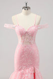 Sparkly Pink Corset Mermaid Cold Shoulder Long Formal Dress