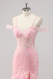 Sparkly Pink Corset Mermaid Cold Shoulder Long Formal Dress
