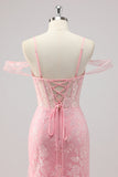 Sparkly Pink Corset Mermaid Cold Shoulder Long Formal Dress