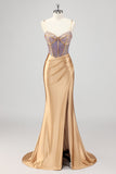 Sparkly Mermaid Corset Gold Long Formal Dress with Slit