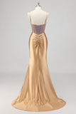 Sparkly Mermaid Corset Gold Long Formal Dress with Slit