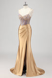 Sparkly Mermaid Corset Gold Long Formal Dress with Slit