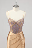 Sparkly Mermaid Corset Gold Long Formal Dress with Slit