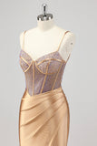 Sparkly Mermaid Corset Gold Long Formal Dress with Slit
