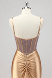 Sparkly Mermaid Corset Gold Long Formal Dress with Slit