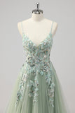 Sparkly Green Tulle A Line Appliqued Long Formal Dress with Slit