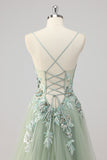 Sparkly Green Tulle A Line Appliqued Long Formal Dress with Slit