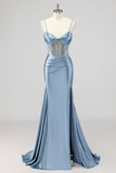 Sparkly Mermaid Grey Blue Corset Beaded Long Formal Dress