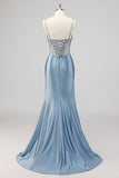 Sparkly Mermaid Grey Blue Corset Beaded Long Formal Dress