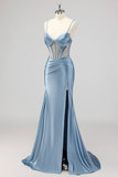 Sparkly Mermaid Grey Blue Corset Beaded Long Formal Dress