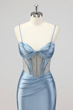 Sparkly Mermaid Grey Blue Corset Beaded Long Formal Dress
