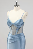 Sparkly Mermaid Grey Blue Corset Beaded Long Formal Dress