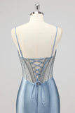 Sparkly Mermaid Grey Blue Corset Beaded Long Formal Dress