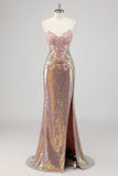 Sparkly Mermaid Blush Corset Sequins Long Formal Dress with Slit