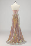 Sparkly Mermaid Blush Corset Sequins Long Formal Dress with Slit