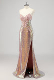 Sparkly Mermaid Blush Corset Sequins Long Formal Dress with Slit