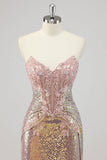 Sparkly Mermaid Blush Corset Sequins Long Formal Dress with Slit