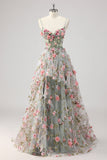 Sparkly A Line Grey Green Beaded Floral Corset Long Formal Dress