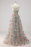 Sparkly A Line Grey Green Beaded Floral Corset Long Formal Dress