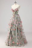 Sparkly A Line Grey Green Beaded Floral Corset Long Formal Dress