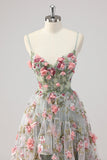 Sparkly A Line Grey Green Beaded Floral Corset Long Formal Dress