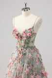 Sparkly A Line Grey Green Beaded Floral Corset Long Formal Dress