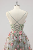 Sparkly A Line Grey Green Beaded Floral Corset Long Formal Dress