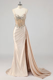 Sparkly Champagne Mermaid Corset Long Formal Dress with Sequins