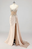Sparkly Champagne Mermaid Corset Long Formal Dress with Sequins