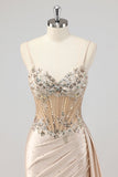 Sparkly Champagne Mermaid Corset Long Formal Dress with Sequins