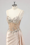 Sparkly Champagne Mermaid Corset Long Formal Dress with Sequins