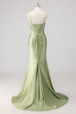 Sparkly Satin Corset Mermaid Green Beaded Long Formal Dress