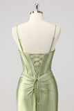 Sparkly Satin Corset Mermaid Green Beaded Long Formal Dress