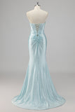 Sparkly Blue Corset Mermaid Ruffled Long Formal Dress with Slit