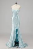 Sparkly Blue Corset Mermaid Ruffled Long Formal Dress with Slit