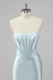 Sparkly Blue Corset Mermaid Ruffled Long Formal Dress with Slit