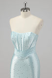 Sparkly Blue Corset Mermaid Ruffled Long Formal Dress with Slit