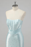 Sparkly Blue Corset Mermaid Ruffled Long Formal Dress with Slit