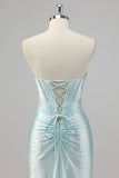 Sparkly Blue Corset Mermaid Ruffled Long Formal Dress with Slit