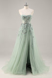 Sparkly Green A Line Strapless Sequins Corset Tulle Long Prom Dress With Slit