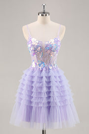 Sparkly Purple Floral Tiered Ruffled Short Corset Cocktail Dress