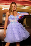 Sparkly Purple A Line Corset Tulle Tiered Homecoming Dress with Sequins